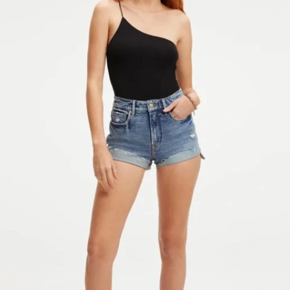 Good American Good Touch One Shoulder 90s Black Bodysuit Size 0 NWT